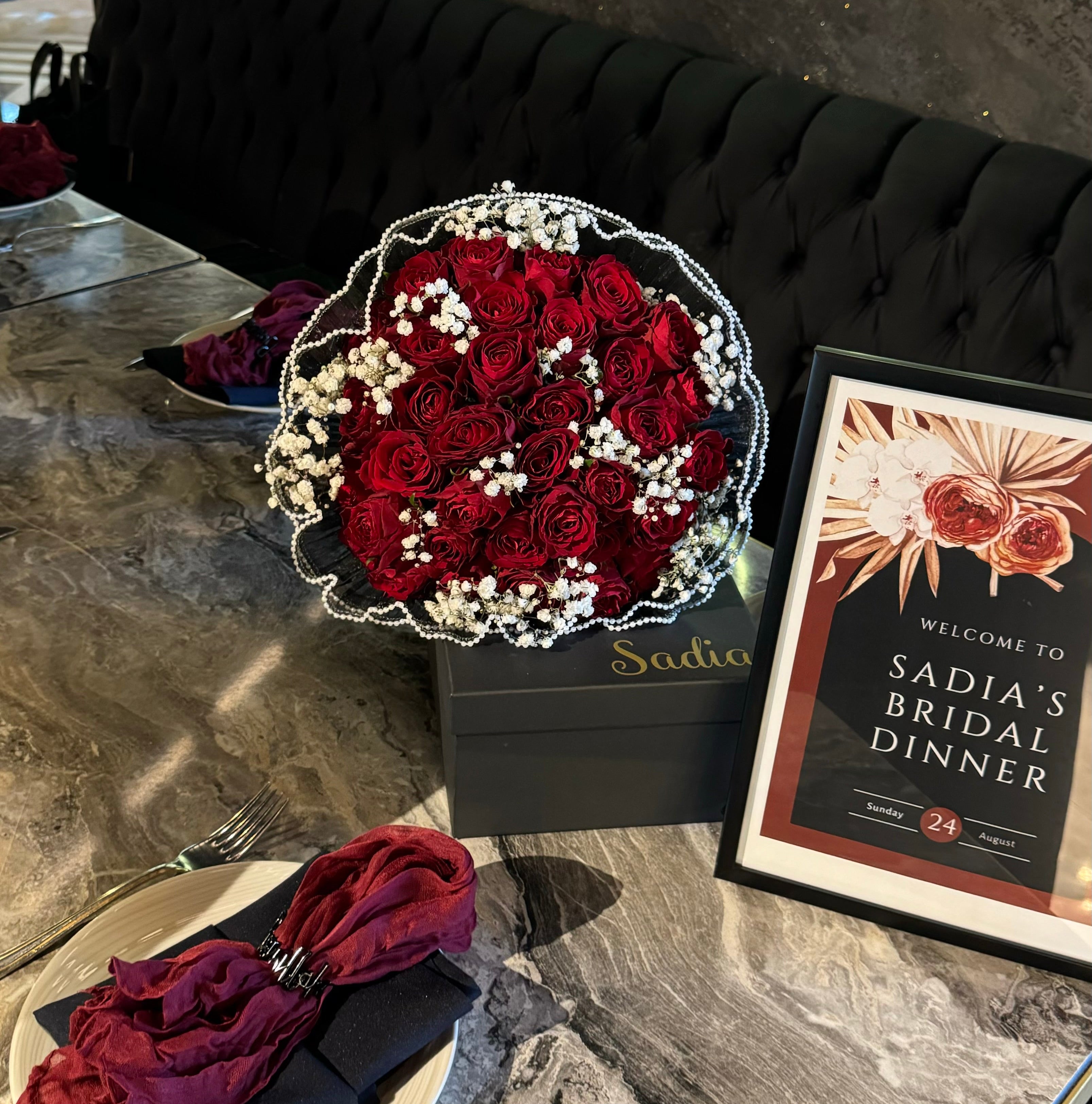 Bridal shower red rose bouquet