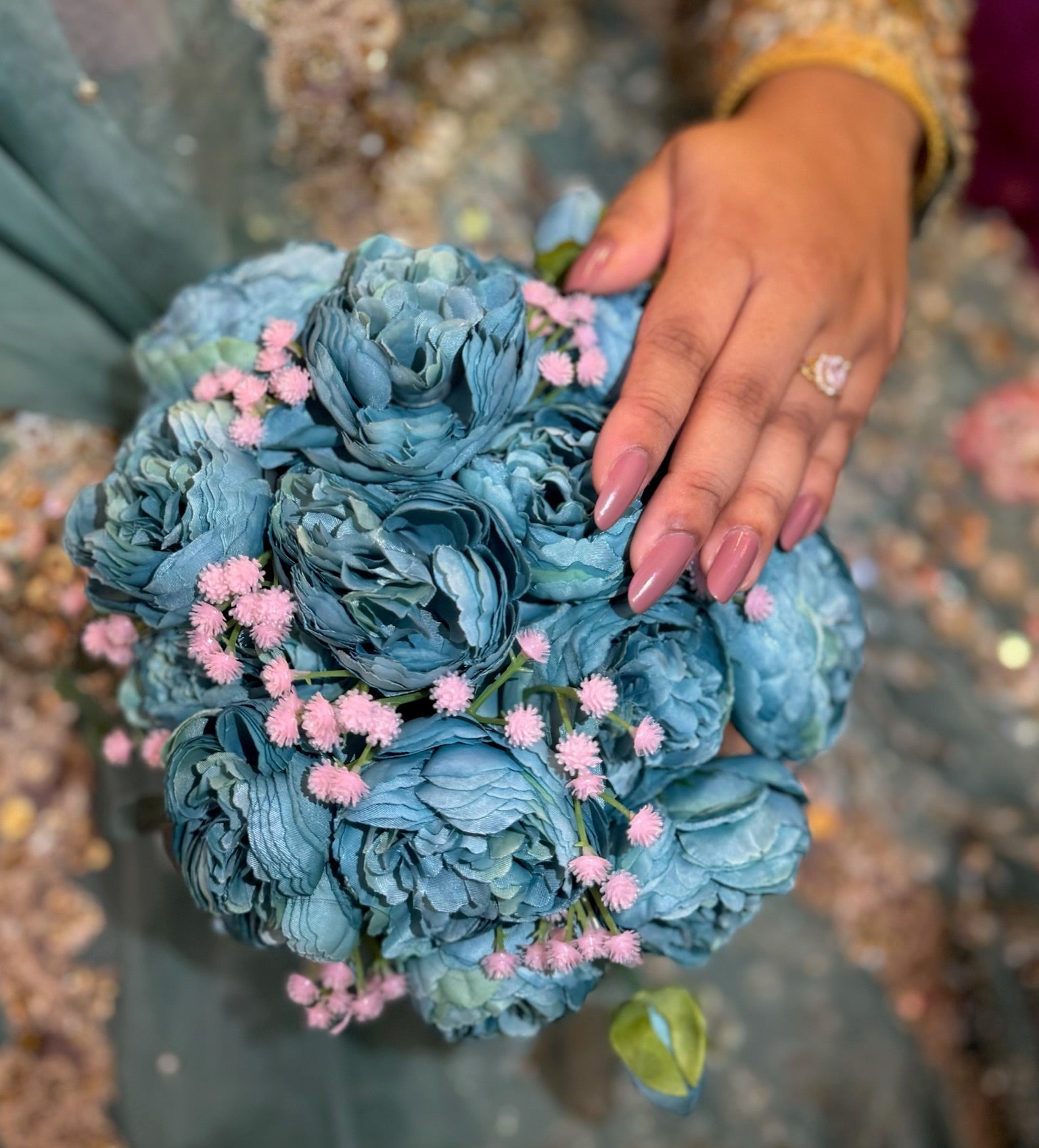 Blue and pink bridal mehndi bouquet