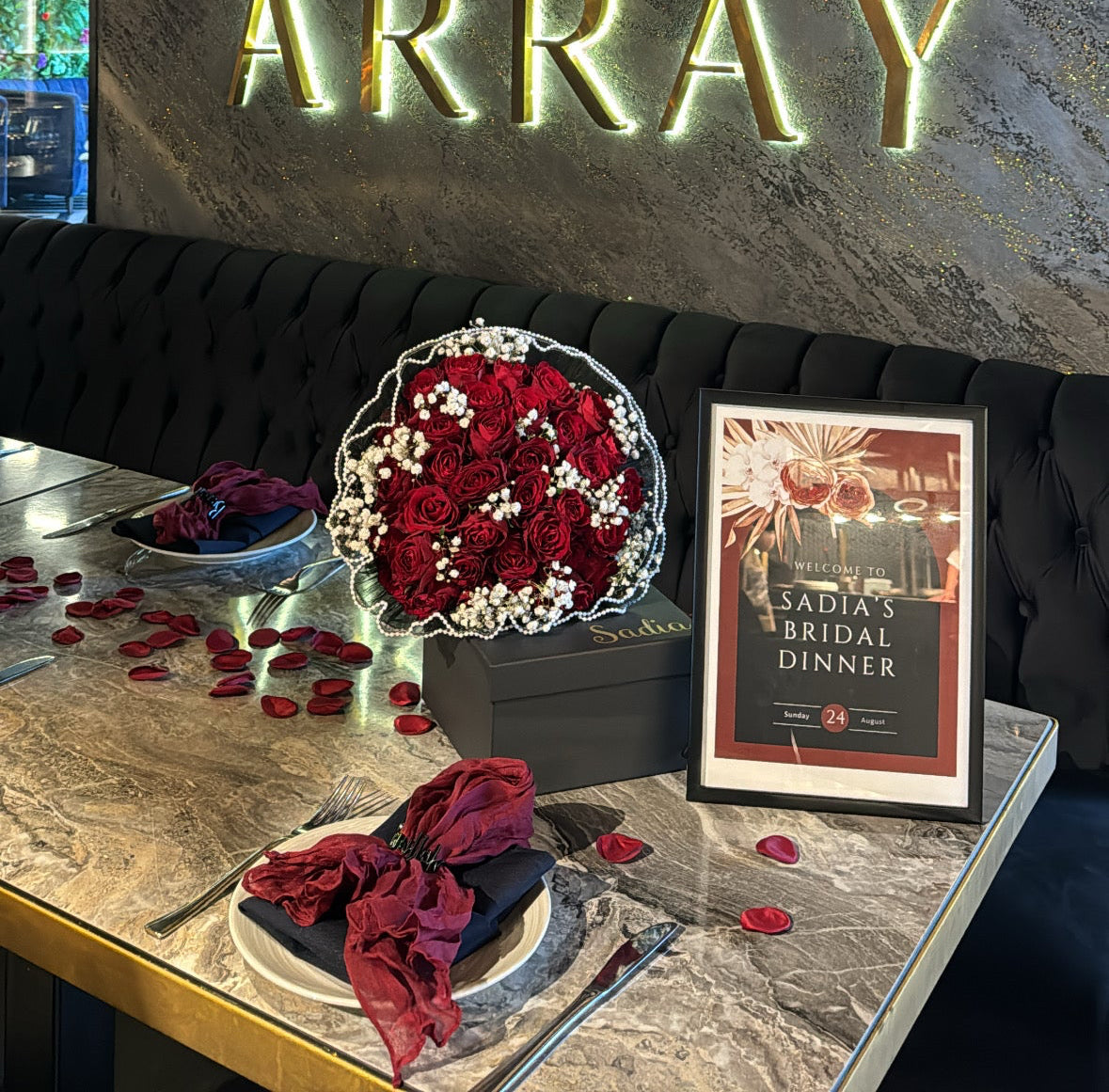 Bridal shower red rose bouquet